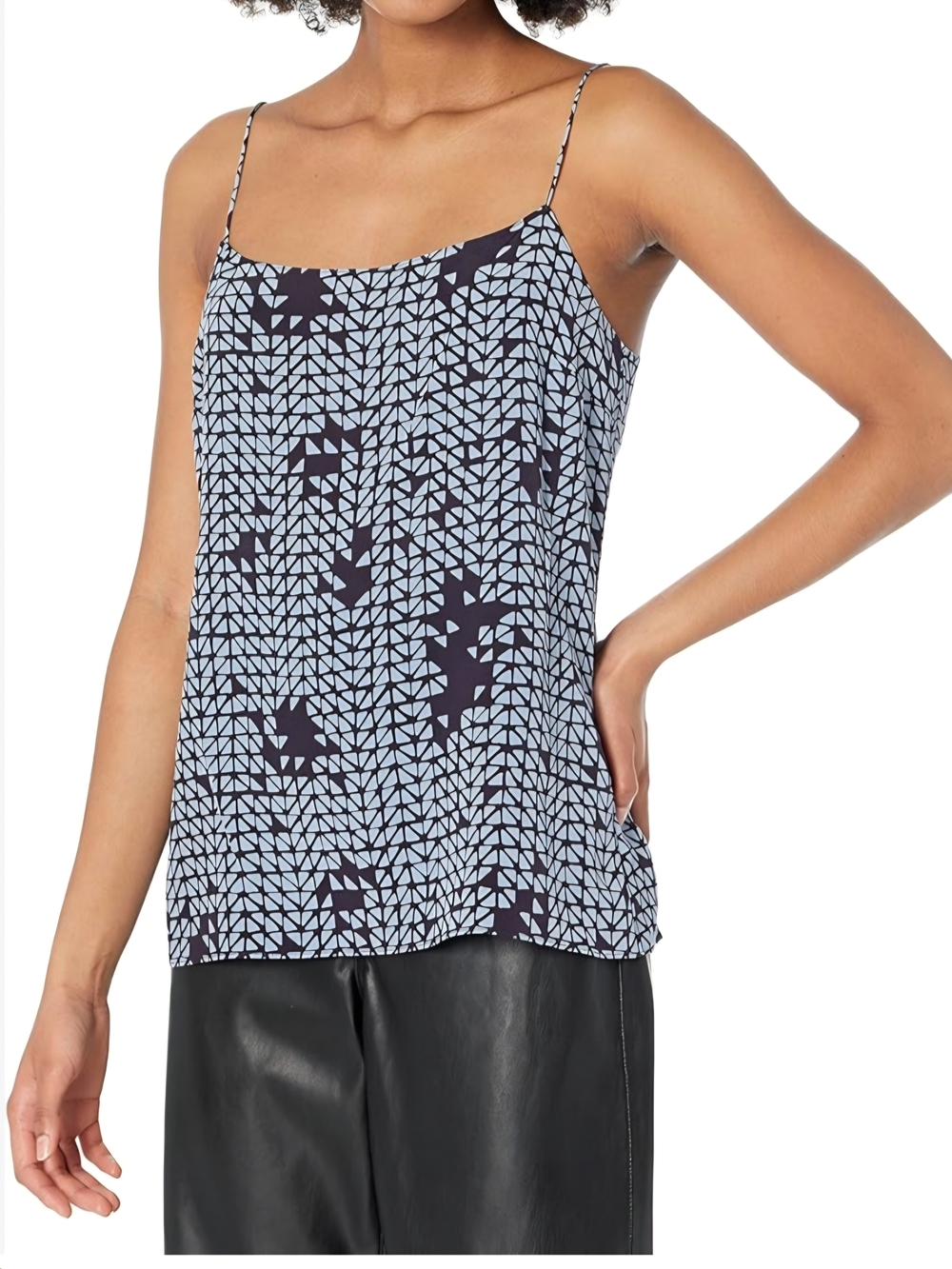 Theory Silk Navy and Light Blue Printed Spaghetti-Strap Feminine Classic Cami